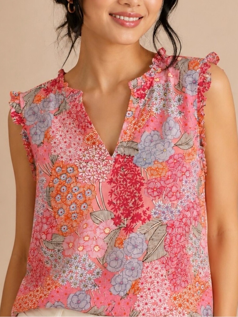 TALBOTS Women's Size M 100% COTTON Floral Print Tank Top w/Ruffles Casual